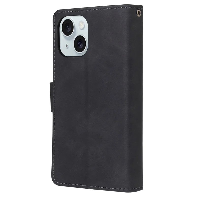 PU-Lederhülle für iPhone 15 Plus, Mehrere Kartenschlitze, Reißverschlusstaschen, Telefon-Geldbörse, Ständer-Falttasche - Schwarz