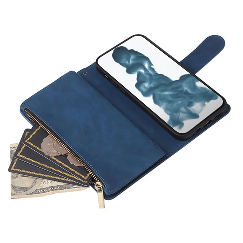 PU Leather Cover for iPhone 15 Plus , Multiple Card Slots Zipper Pocket Phone Wallet Stand Folio Flip Case - Blue