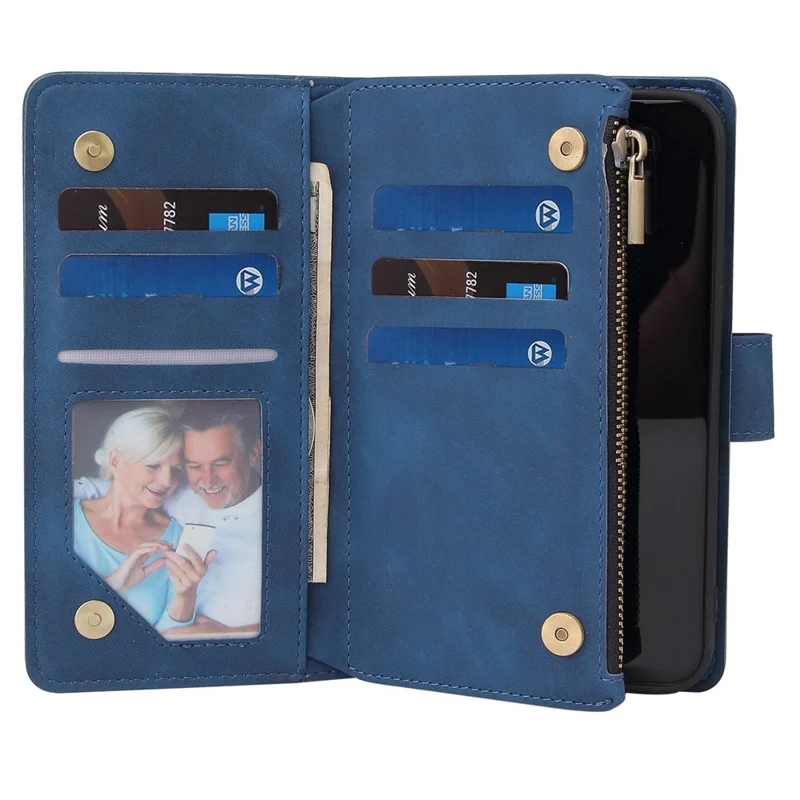 PU Leather Cover for iPhone 15 Plus , Multiple Card Slots Zipper Pocket Phone Wallet Stand Folio Flip Case - Blue