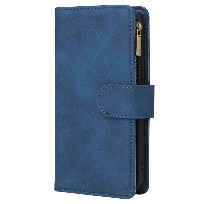 PU Leather Cover for iPhone 15 Plus , Multiple Card Slots Zipper Pocket Phone Wallet Stand Folio Flip Case - Blue
