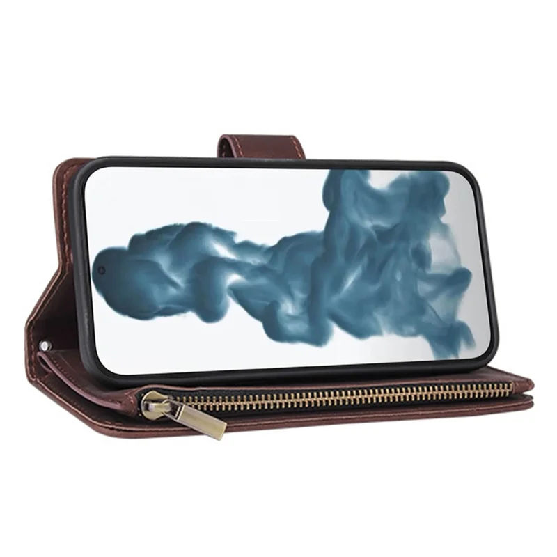 Lederhülle für iPhone 15 Pro, Mehrere Kartenfächer, Reisverschlusstasche, Telefongeldbörse mit Ständer - Kaffee