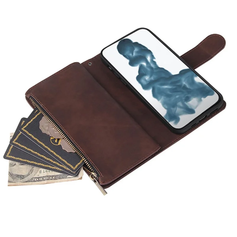 Lederhülle für iPhone 15 Pro, Mehrere Kartenfächer, Reisverschlusstasche, Telefongeldbörse mit Ständer - Kaffee