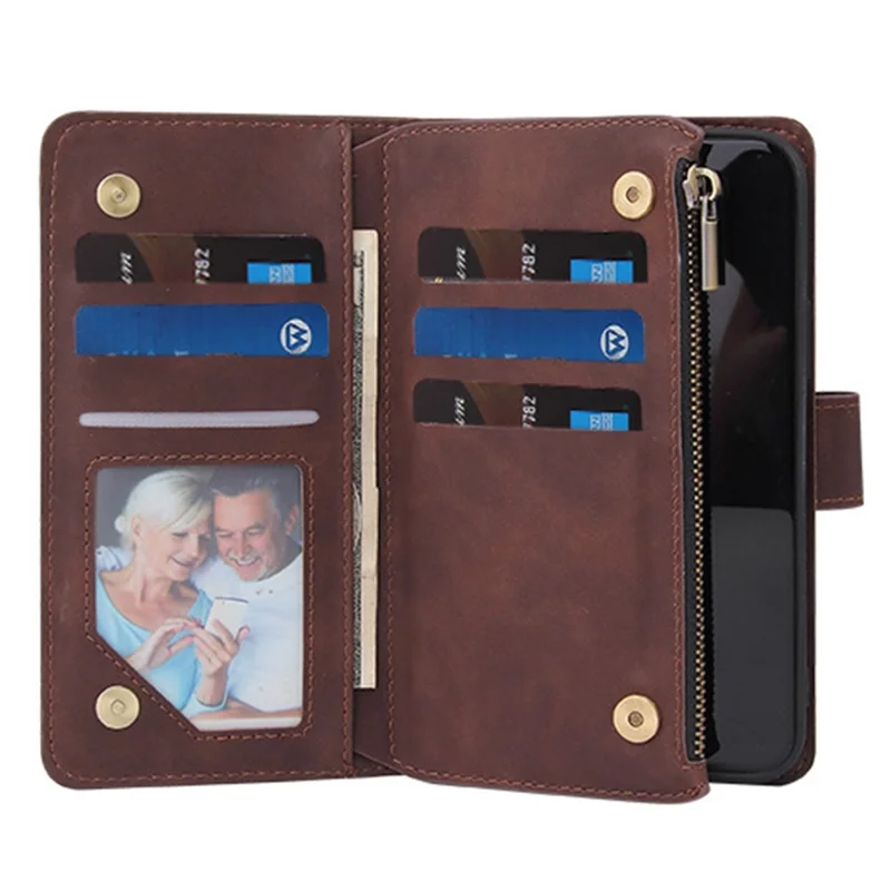 Lederhülle für iPhone 15 Pro, Mehrere Kartenfächer, Reisverschlusstasche, Telefongeldbörse mit Ständer - Kaffee