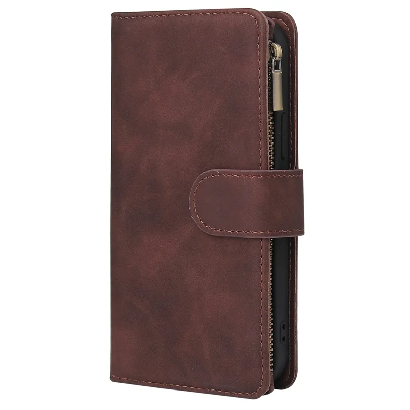 Lederhülle für iPhone 15 Pro, Mehrere Kartenfächer, Reisverschlusstasche, Telefongeldbörse mit Ständer - Kaffee