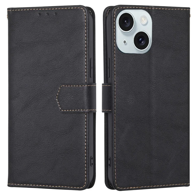 For iPhone 15 Magnetic Clasp Folio Flip PU Leather Wallet Case Cell Phone Stand Cover - Black