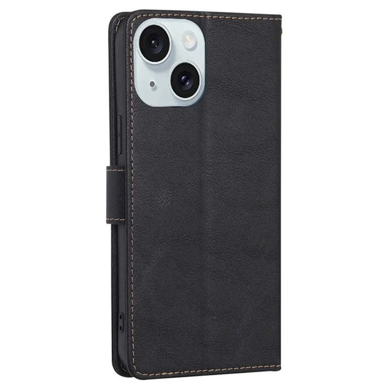 For iPhone 15 Magnetic Clasp Folio Flip PU Leather Wallet Case Cell Phone Stand Cover - Black