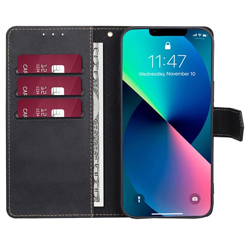 For iPhone 15 Magnetic Clasp Folio Flip PU Leather Wallet Case Cell Phone Stand Cover - Black