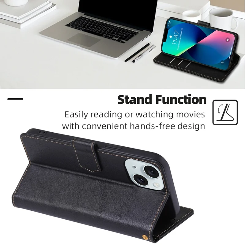For iPhone 15 Magnetic Clasp Folio Flip PU Leather Wallet Case Cell Phone Stand Cover - Black