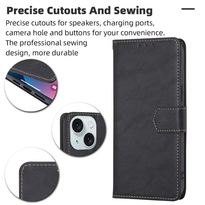 For iPhone 15 Magnetic Clasp Folio Flip PU Leather Wallet Case Cell Phone Stand Cover - Black