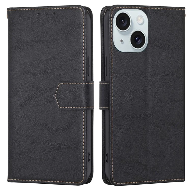 Para iPhone 15 Plus Magnetic Clasp Folio Flip PU Leather Wallet Case Anti-scratch Cell Phone Stand Cover - Negro