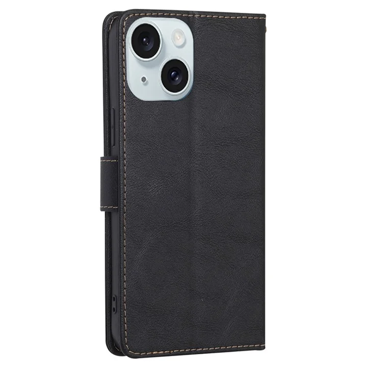 Para iPhone 15 Plus Magnetic Clasp Folio Flip PU Leather Wallet Case Anti-scratch Cell Phone Stand Cover - Negro