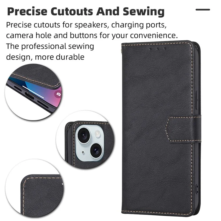 Para iPhone 15 Plus Magnetic Clasp Folio Flip PU Leather Wallet Case Anti-scratch Cell Phone Stand Cover - Negro
