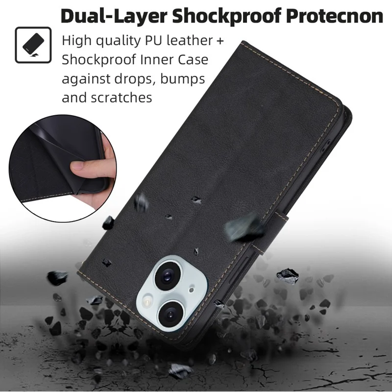 Para iPhone 15 Plus Magnetic Clasp Folio Flip PU Leather Wallet Case Anti-scratch Cell Phone Stand Cover - Negro