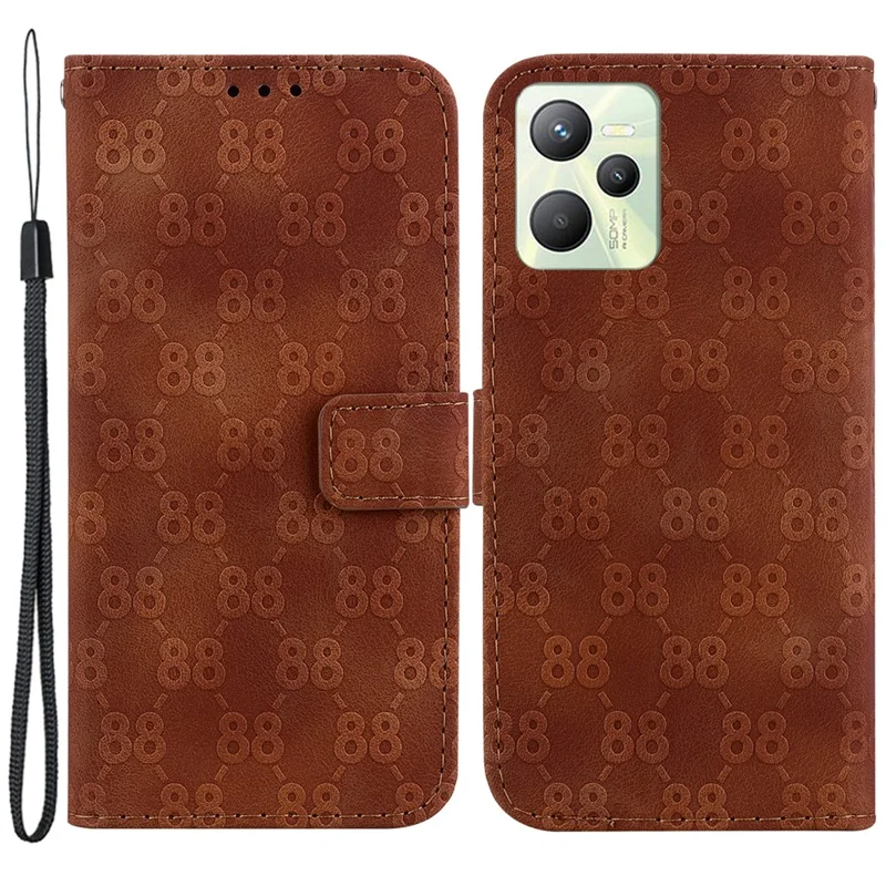 For Realme C35 4G Double 8-Shape Imprint Phone Wallet Case PU Leather Stand Cover - Brown