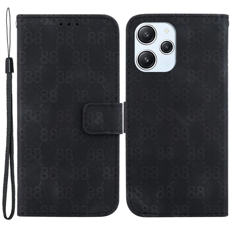 Pour Xiaomi Redmi 12 4G Foldable Stand Phone Cover Double 8-Shape Imprinted Leather Wallet Case - Black