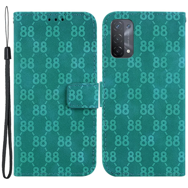 Para o Oppo A74 5G / A93 5G / A54 5G Campa da Carteira de Couro de Couro Double 8 em Forma de Impressão Anti-shock Caixa de Telefone - Verde