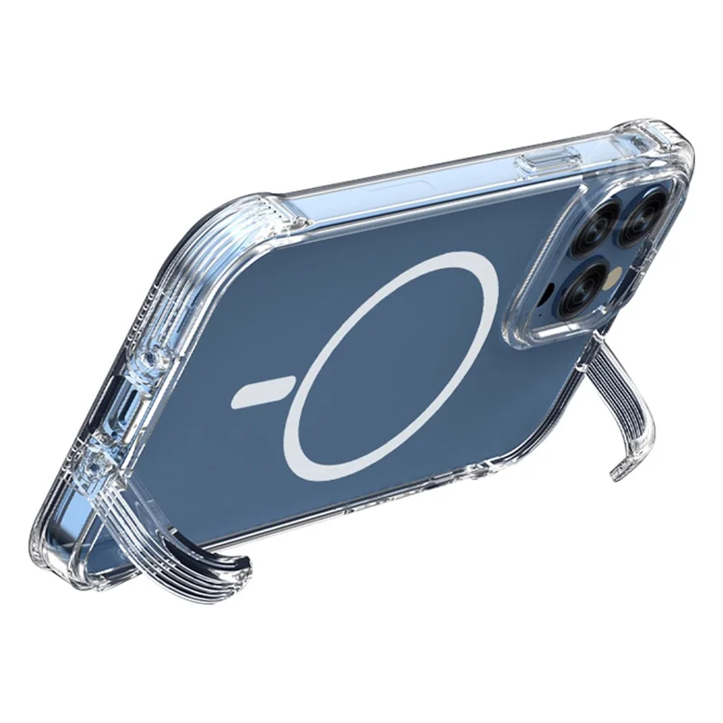 For iPhone 15 Plus Clear PC+TPU Phone Case Skjult støtteben Telefonbeskyttelse Kompatibel med MagSafe