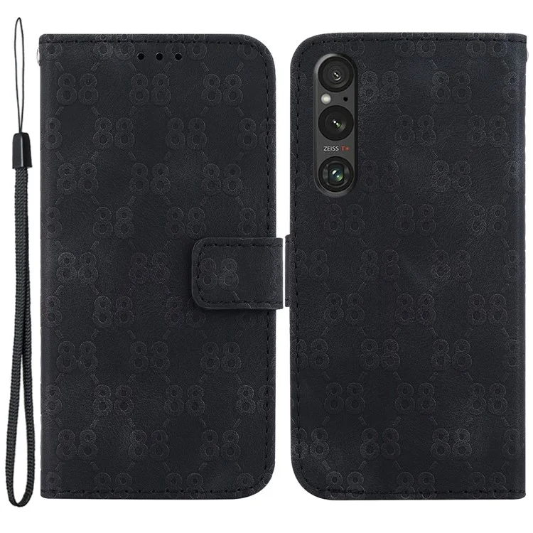 Для Sony Xperia 1 V Anti-Scratch Shell Double 8-Shape Imprint Case Wallet Stand Cell Phone Cover - Black