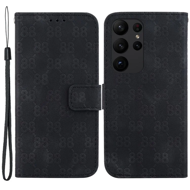 Funda de teléfono de cuero PU con tapa abatible y diseño de 8 impreso para Samsung Galaxy S23 Ultra - Negro
