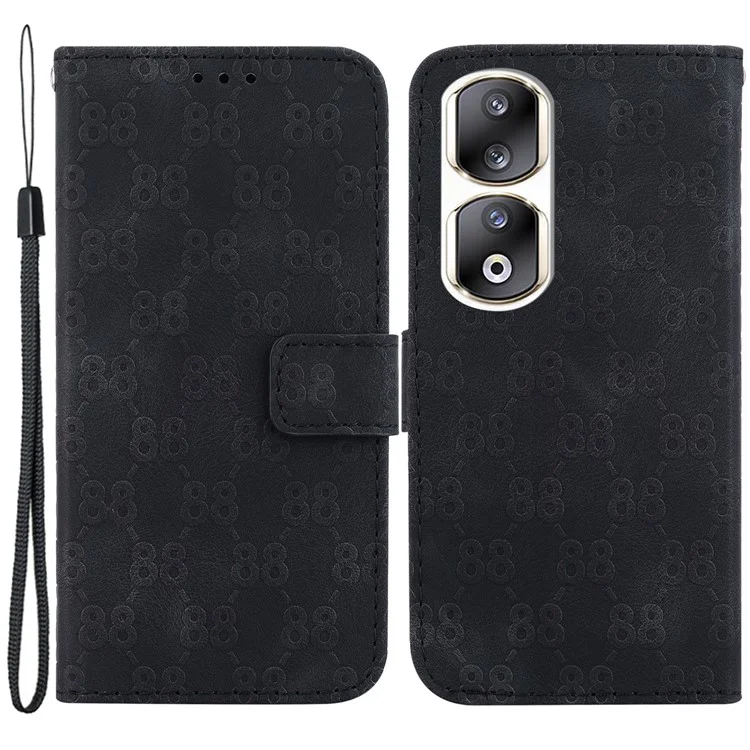 Capa de Couro à Prova de Choques para Honor 90 Pro Double 8-Shape Imprinted Wallet Stand Phone Case - Preto