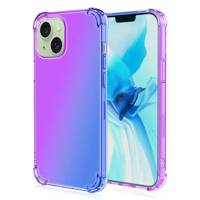 For iPhone 15 Four Corner Anti-drop Phone Case Gradient Color TPU Phone Back Cover - Purple / Blue