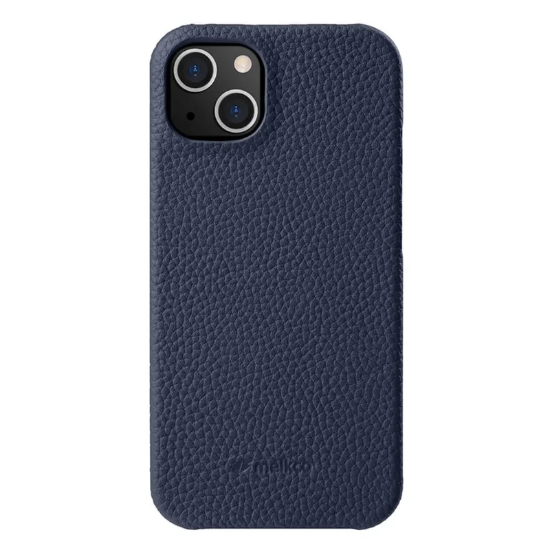 MELKCO Étui de protection pour iPhone 15, boîtier de téléphone en polycarbonate enduit de cuir de vache véritable - Bleu foncé