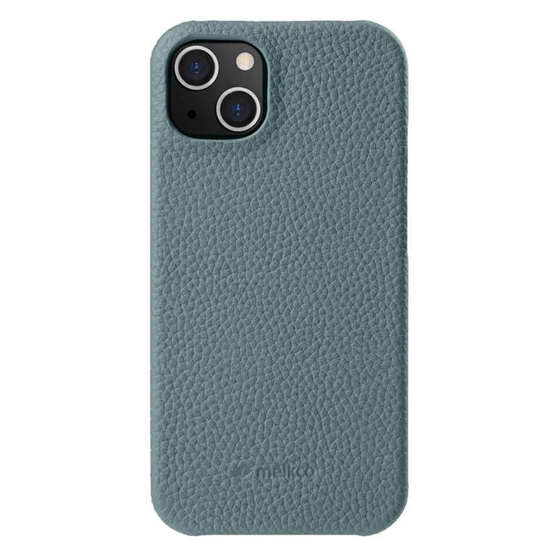 MELKCO For iPhone 15 Plus Microfiber Lining Cover Genuine Cow Leather Coated PC Incomplete Phone Case - Baby Blue