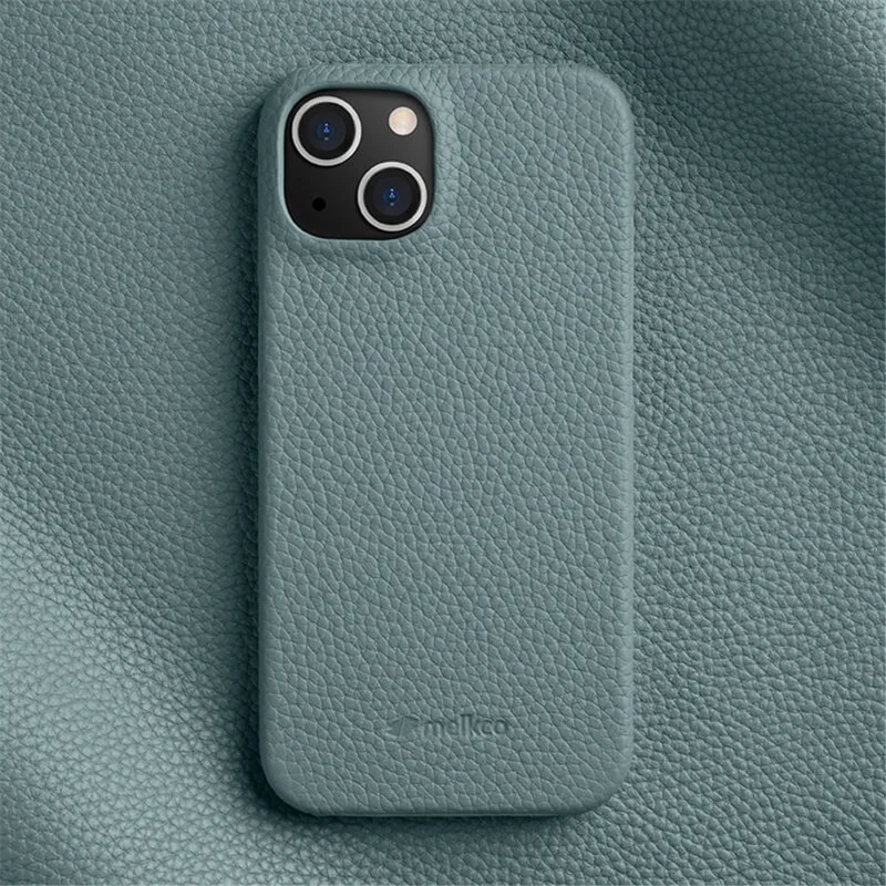 MELKCO For iPhone 15 Plus Microfiber Lining Cover Genuine Cow Leather Coated PC Incomplete Phone Case - Baby Blue