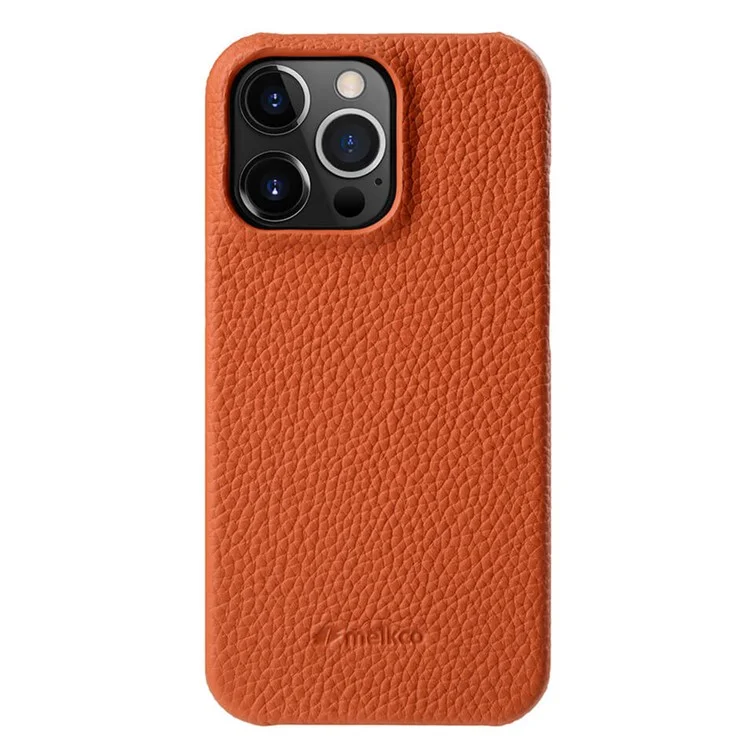 MELKCO Microfiber Lining Cover for iPhone 15 Pro, Genuine Cow Leather Coated PC Incomplete Phone Case - Orange