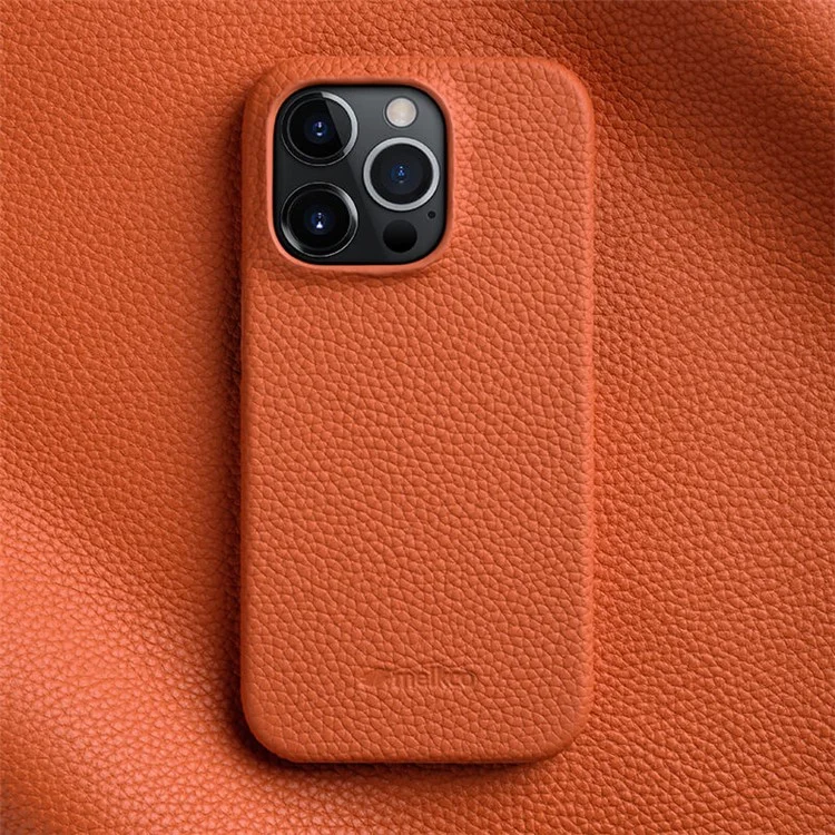 MELKCO Microfiber Lining Cover for iPhone 15 Pro, Genuine Cow Leather Coated PC Incomplete Phone Case - Orange