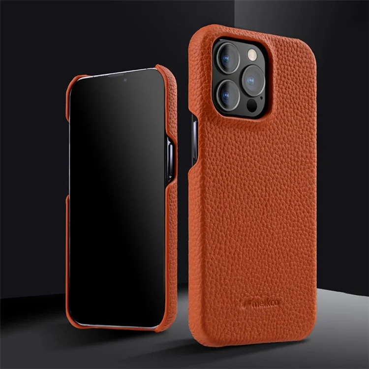 MELKCO Microfiber Lining Cover for iPhone 15 Pro, Genuine Cow Leather Coated PC Incomplete Phone Case - Orange