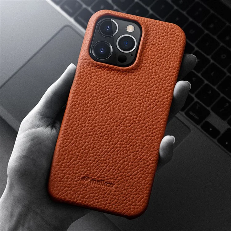 MELKCO Microfiber Lining Cover for iPhone 15 Pro, Genuine Cow Leather Coated PC Incomplete Phone Case - Orange