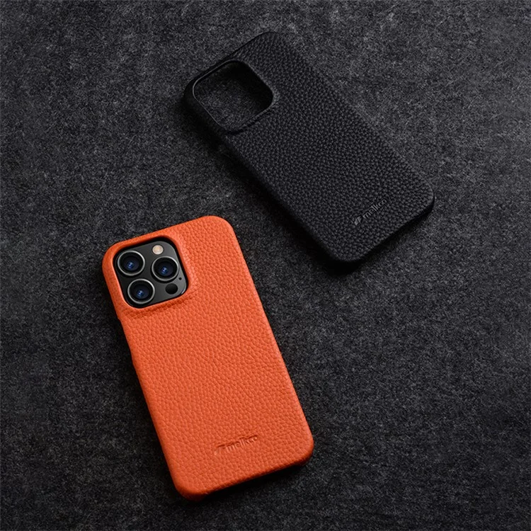 MELKCO Microfiber Lining Cover for iPhone 15 Pro, Genuine Cow Leather Coated PC Incomplete Phone Case - Orange