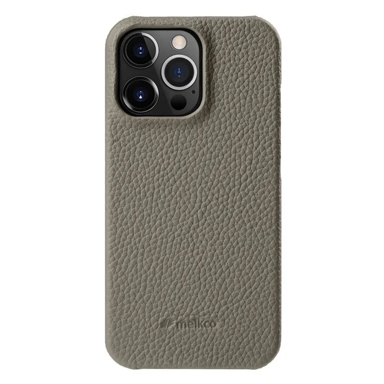 MELKCO Microfiber Lining Cover for iPhone 15 Pro , Genuine Cow Leather Coated PC Incomplete Phone Case - Grey