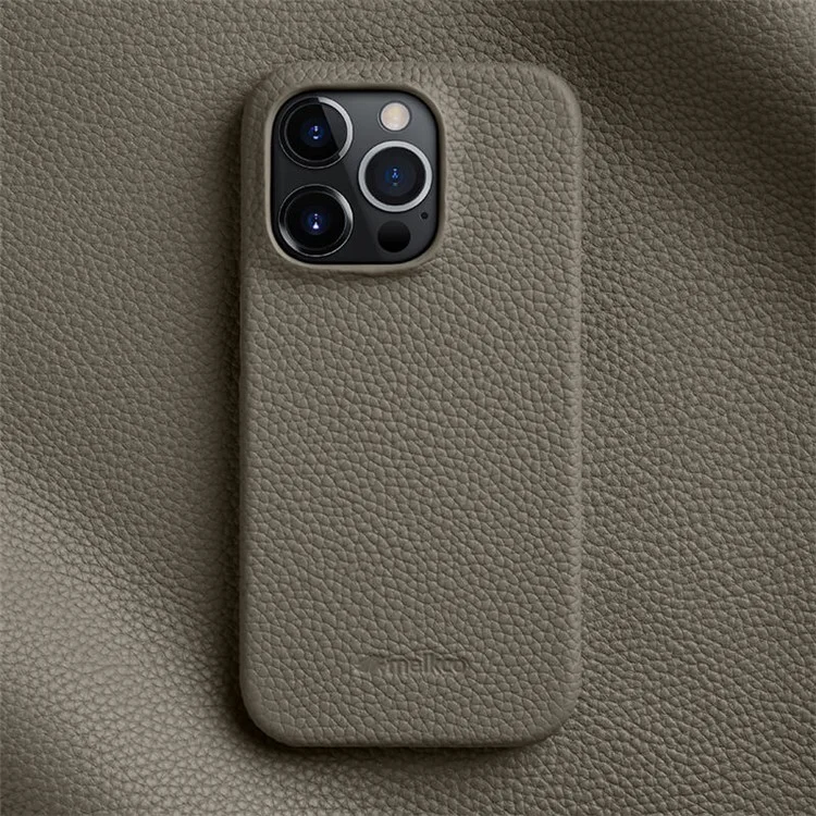 MELKCO Microfiber Lining Cover for iPhone 15 Pro , Genuine Cow Leather Coated PC Incomplete Phone Case - Grey