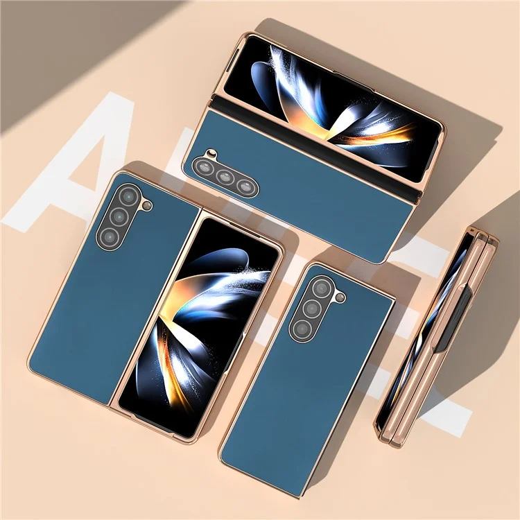Para o Samsung Galaxy Z Fold5 5G Silky Feeling Phone Case Genuine Cow Leather + PC Electroplating Cover - Azul