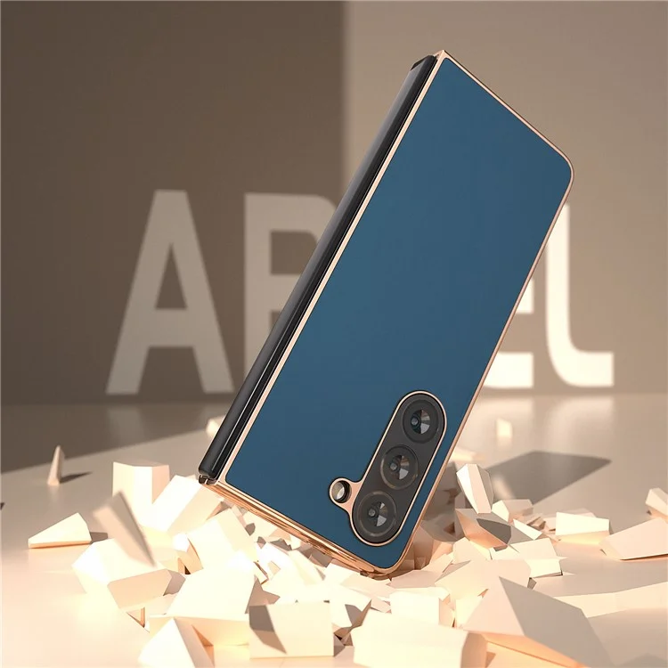 Para o Samsung Galaxy Z Fold5 5G Silky Feeling Phone Case Genuine Cow Leather + PC Electroplating Cover - Azul