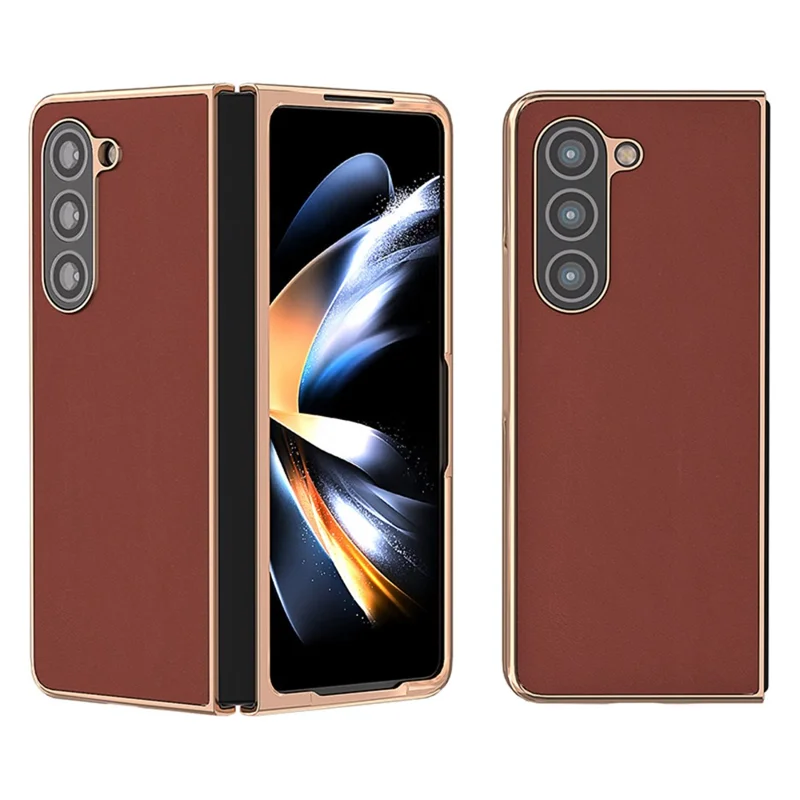 For Samsung Galaxy Z Fold5 5G Silky Feeling Phone Case Genuine Cow Leather + PC Electroplating Cover - Coffee