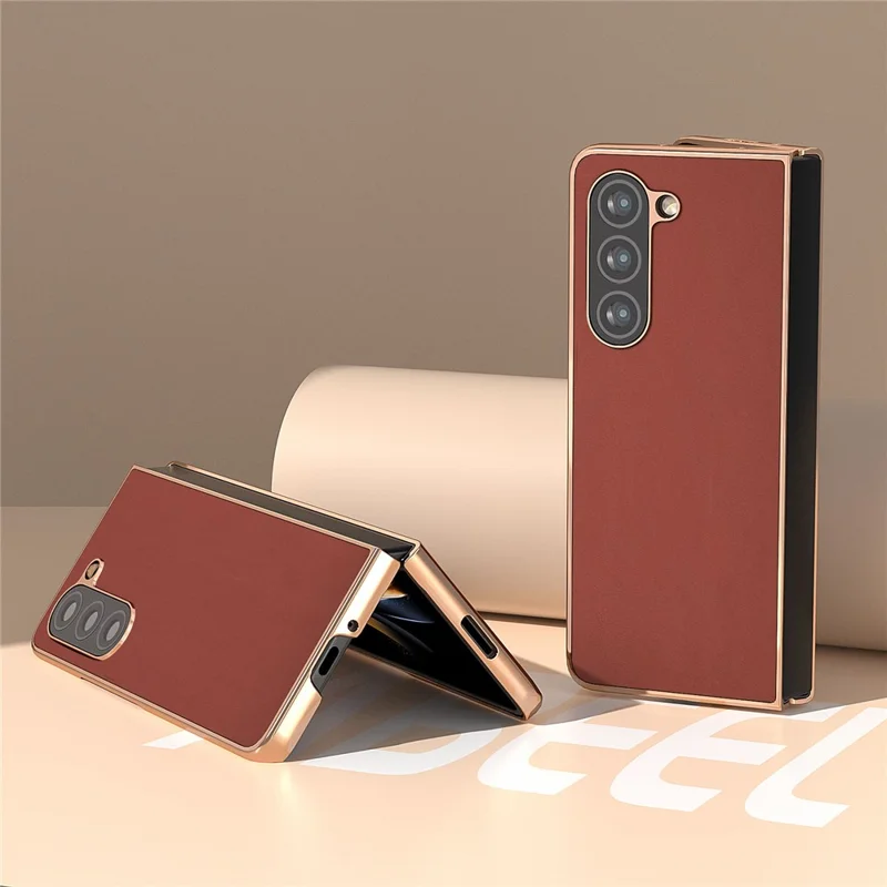 For Samsung Galaxy Z Fold5 5G Silky Feeling Phone Case Genuine Cow Leather + PC Electroplating Cover - Coffee