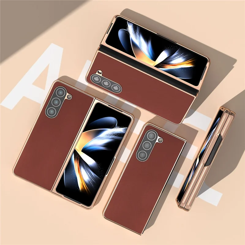 For Samsung Galaxy Z Fold5 5G Silky Feeling Phone Case Genuine Cow Leather + PC Electroplating Cover - Coffee