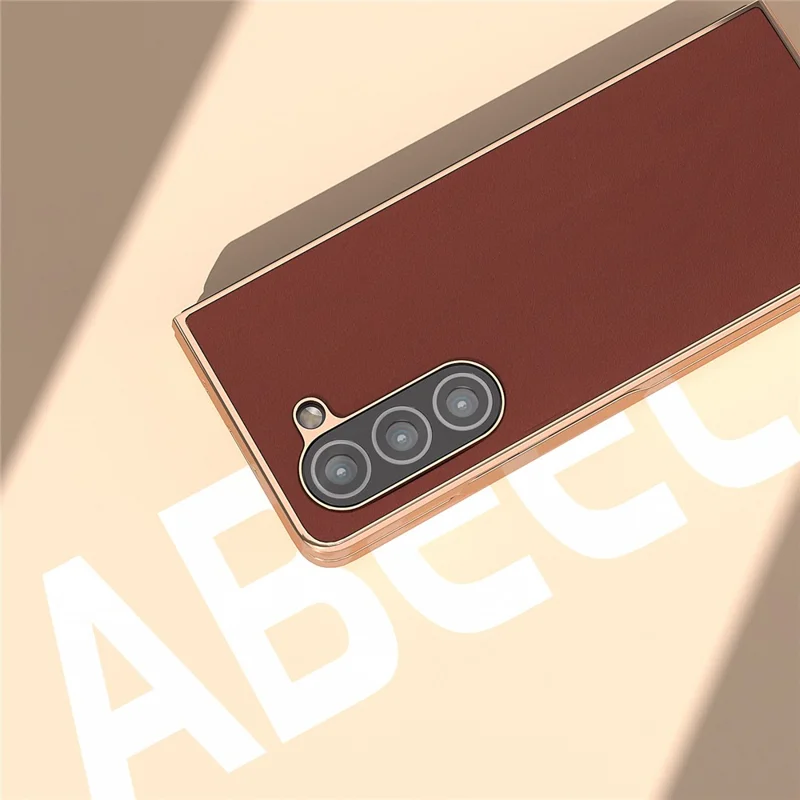 For Samsung Galaxy Z Fold5 5G Silky Feeling Phone Case Genuine Cow Leather + PC Electroplating Cover - Coffee