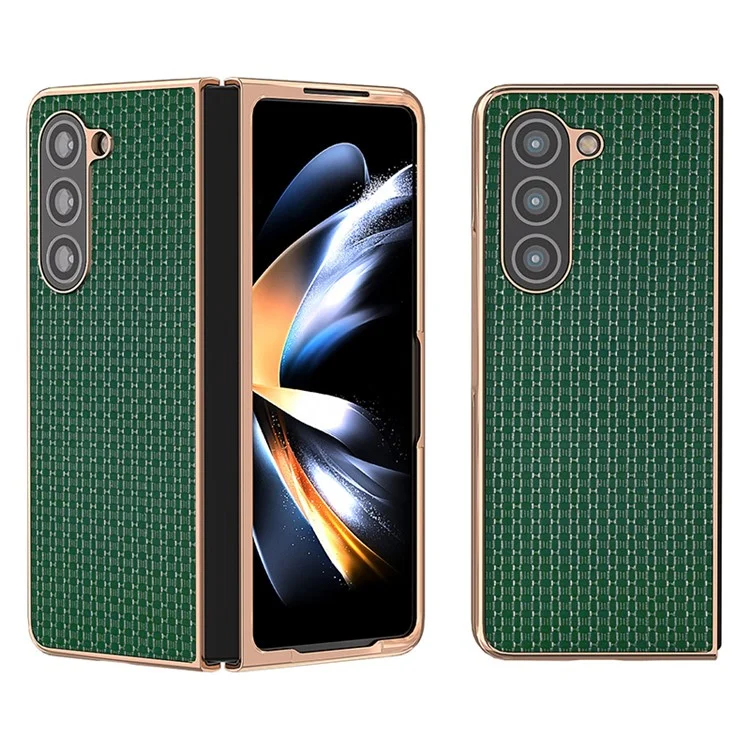 For Samsung Galaxy Z Fold5 5G Electroplating Back Cover Genuine Cow Leather + PC Luxury Texture Phone Case - Green