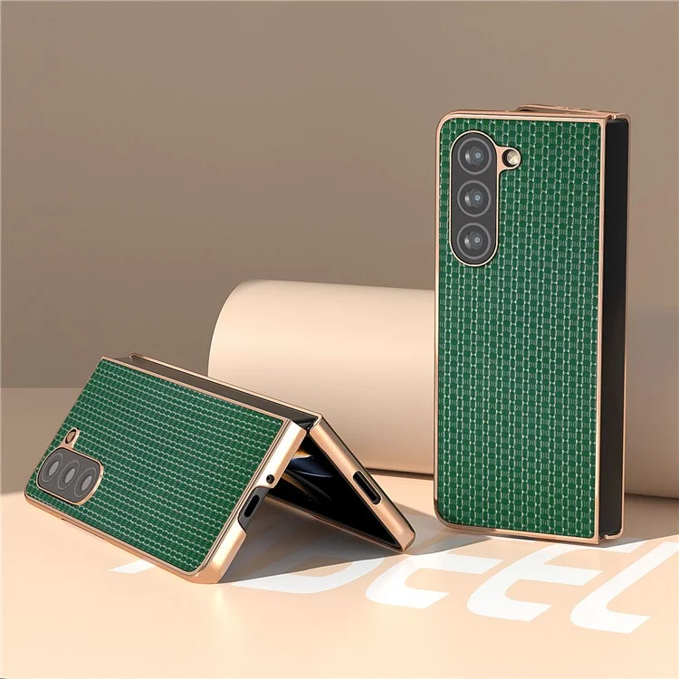 For Samsung Galaxy Z Fold5 5G Electroplating Back Cover Genuine Cow Leather + PC Luxury Texture Phone Case - Green