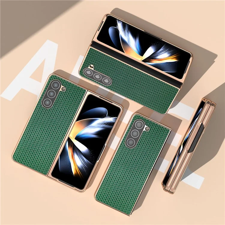 For Samsung Galaxy Z Fold5 5G Electroplating Back Cover Genuine Cow Leather + PC Luxury Texture Phone Case - Green