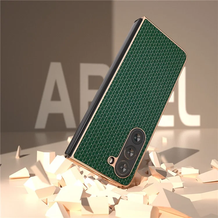 For Samsung Galaxy Z Fold5 5G Electroplating Back Cover Genuine Cow Leather + PC Luxury Texture Phone Case - Green