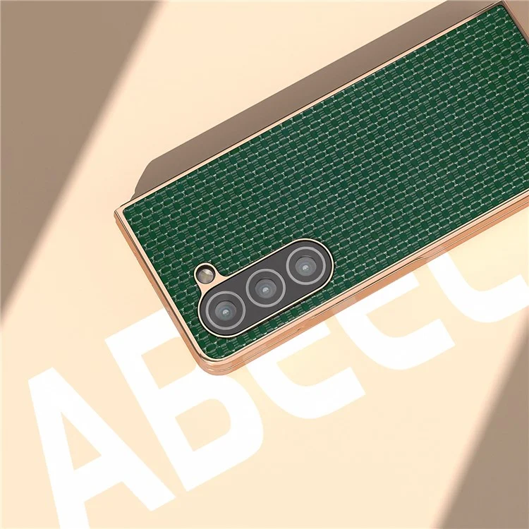 For Samsung Galaxy Z Fold5 5G Electroplating Back Cover Genuine Cow Leather + PC Luxury Texture Phone Case - Green