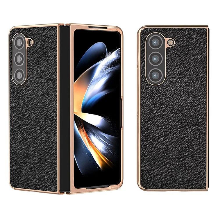 Para Samsung Galaxy Z Fold5 5G Electroplating Phone Case Genuine Cow Leather + PC Litchi Texture Cover - Negro