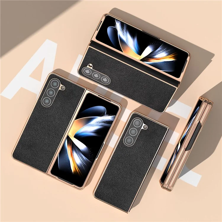Para Samsung Galaxy Z Fold5 5G Electroplating Phone Case Genuine Cow Leather + PC Litchi Texture Cover - Negro