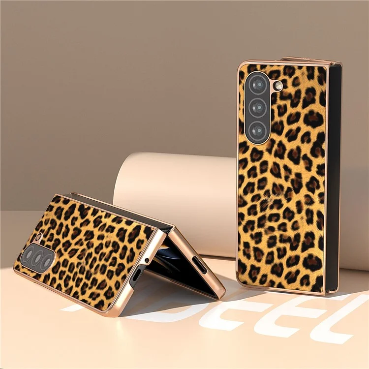 Para Samsung Galaxy Z Fold5 5G Leopard Pattern PU+Hard PC Case Nano Electroplating Protective Phone Cover - Oro