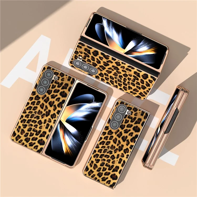 Para Samsung Galaxy Z Fold5 5G Leopard Pattern PU+Hard PC Case Nano Electroplating Protective Phone Cover - Oro